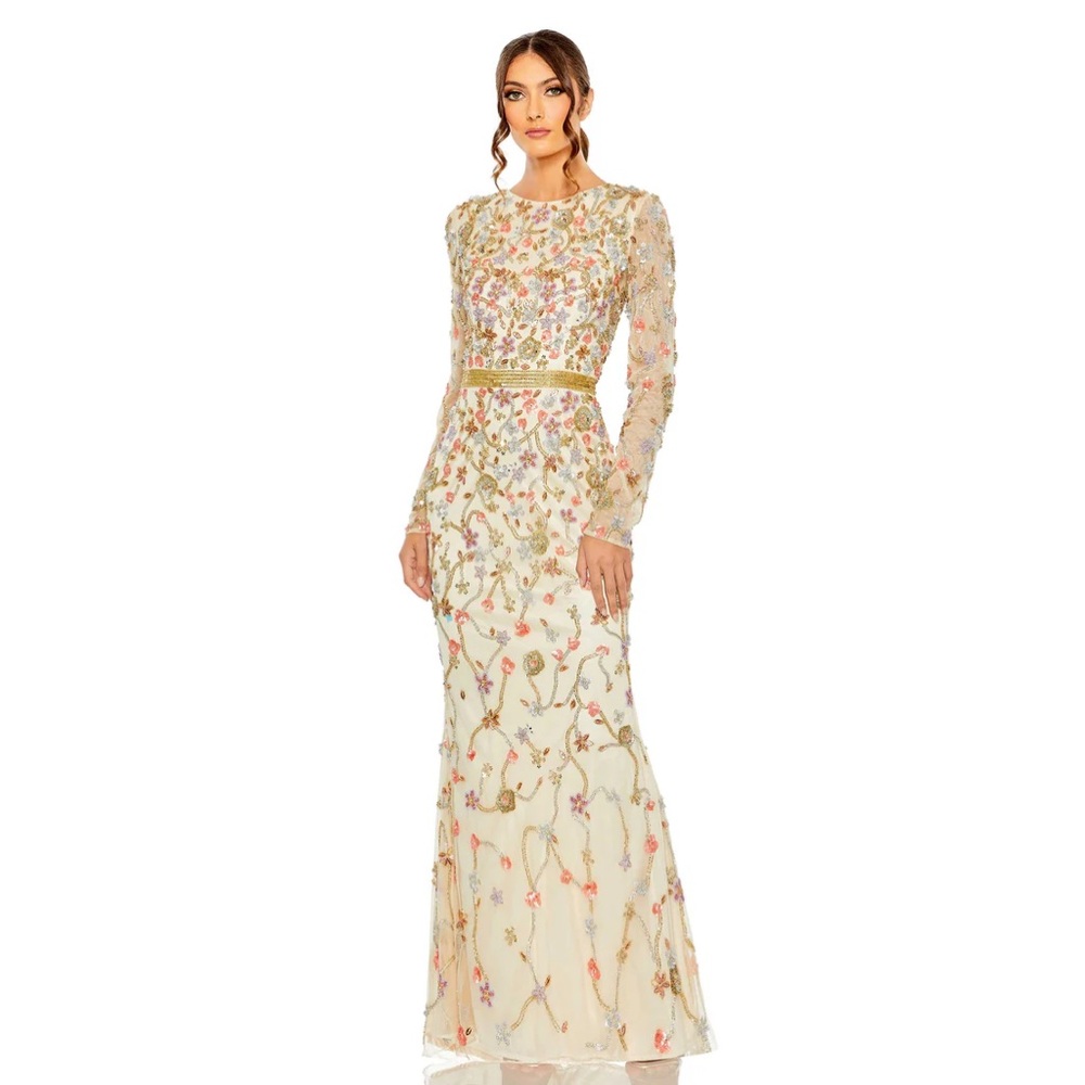 EUC MAC DUGGAL LONG SLEEVE FLORAL FULLY EMBELLISHED GOWN DRESS 6016